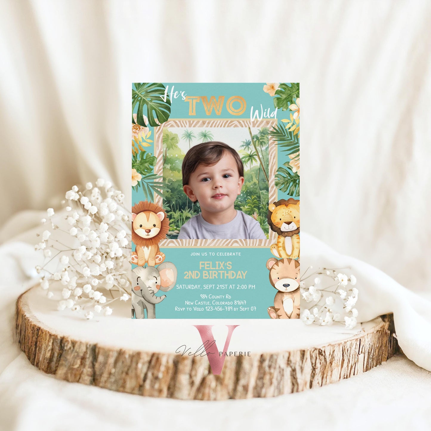 Any Age Safari Birthday Invitation Photo | Blue Tropical Jungle Party Invite | Summer Animal Party Editable Template | Tosca Gold Wild Party