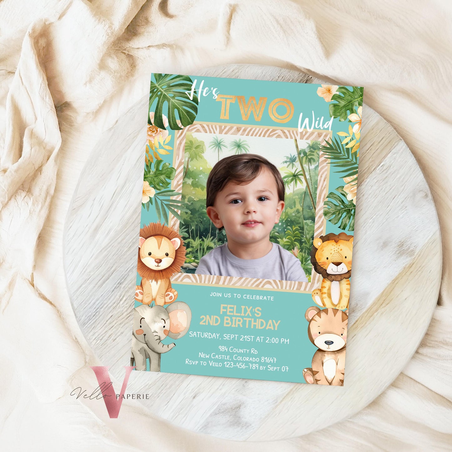 Any Age Safari Birthday Invitation Photo | Blue Tropical Jungle Party Invite | Summer Animal Party Editable Template | Tosca Gold Wild Party