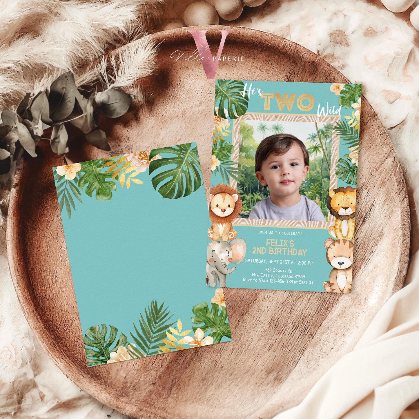 Any Age Safari Birthday Invitation Photo | Blue Tropical Jungle Party Invite | Summer Animal Party Editable Template | Tosca Gold Wild Party