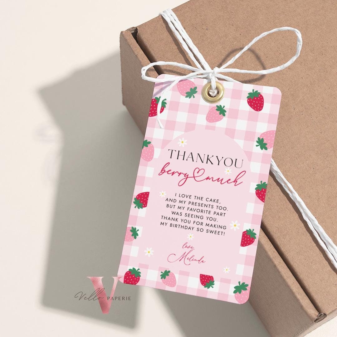 Berry First  Birthday Party Thankyou Card | Strawberry One Kid Party Favor Tag Instant Template | Berry Pink Pastel Gift Card Tag