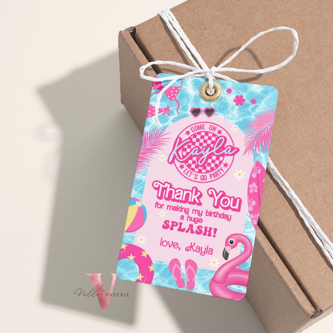 Pink Doll Pool Birthday Thankyou Card | Editable Printable Malibu Pool Party Favor Tag | Pink Blue Malibu Come On Lets Go Party Gift  PDP01