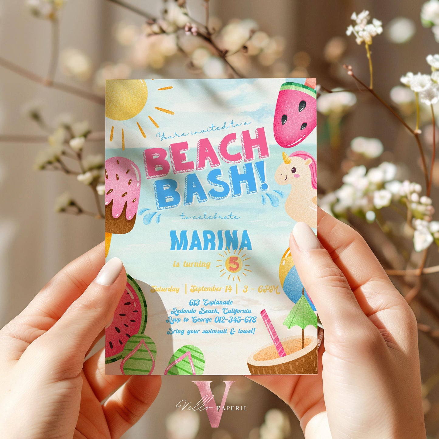 Fresh Beach Bash Birthday Party Invitation | Watercolor Summer Beach Party Invite | Vibrant Fun Beach Party Invite Teen Birthday Bash