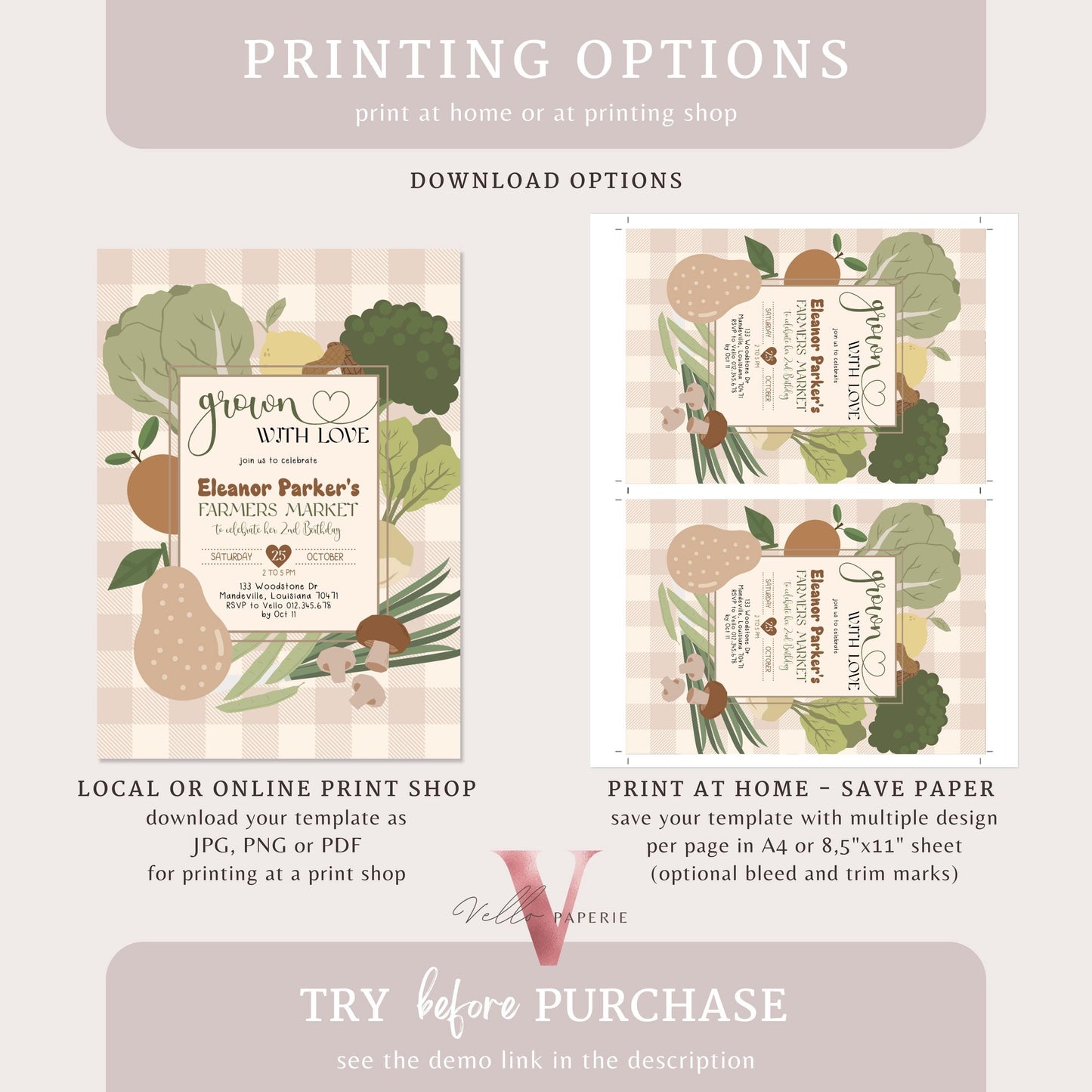 Beige Locally Grown Birthday Invitation | Neutral Farmer's Market Birthday Invite | Organic Vegetables Fruits Party ANY AGE Instant Template