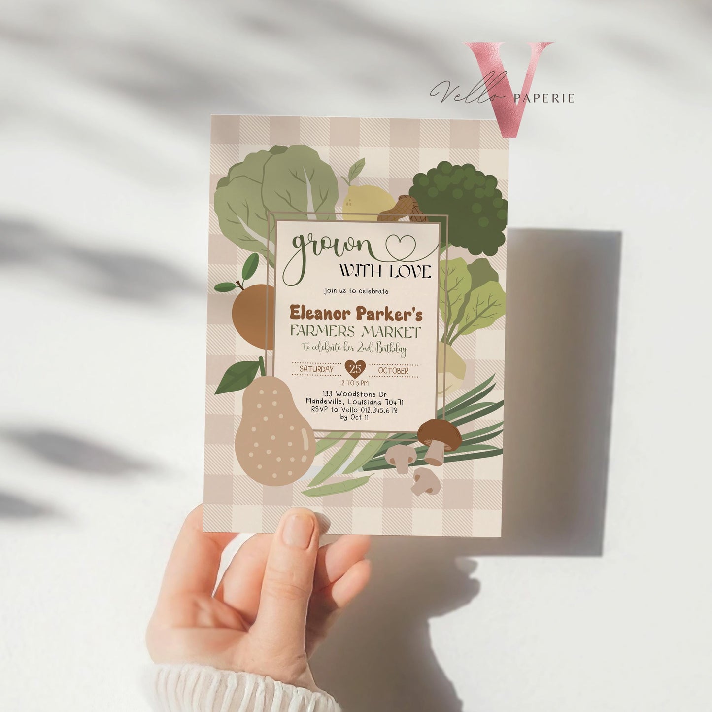 Beige Locally Grown Birthday Invitation | Neutral Farmer's Market Birthday Invite | Organic Vegetables Fruits Party ANY AGE Instant Template