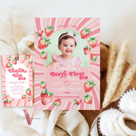 Photo STRAWBERRY First Birthday Invitation Girl | Berry First Birthday Party Invite | Summer Girl Editable Template | Pink First Birthday