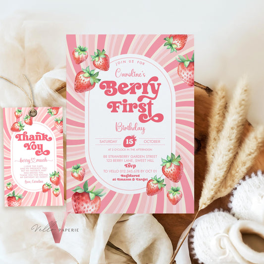 STRAWBERRY First Birthday Invitation Girl | Berry First Birthday Party Invite | Summer Girl Editable Template | Pink First Birthday Invite