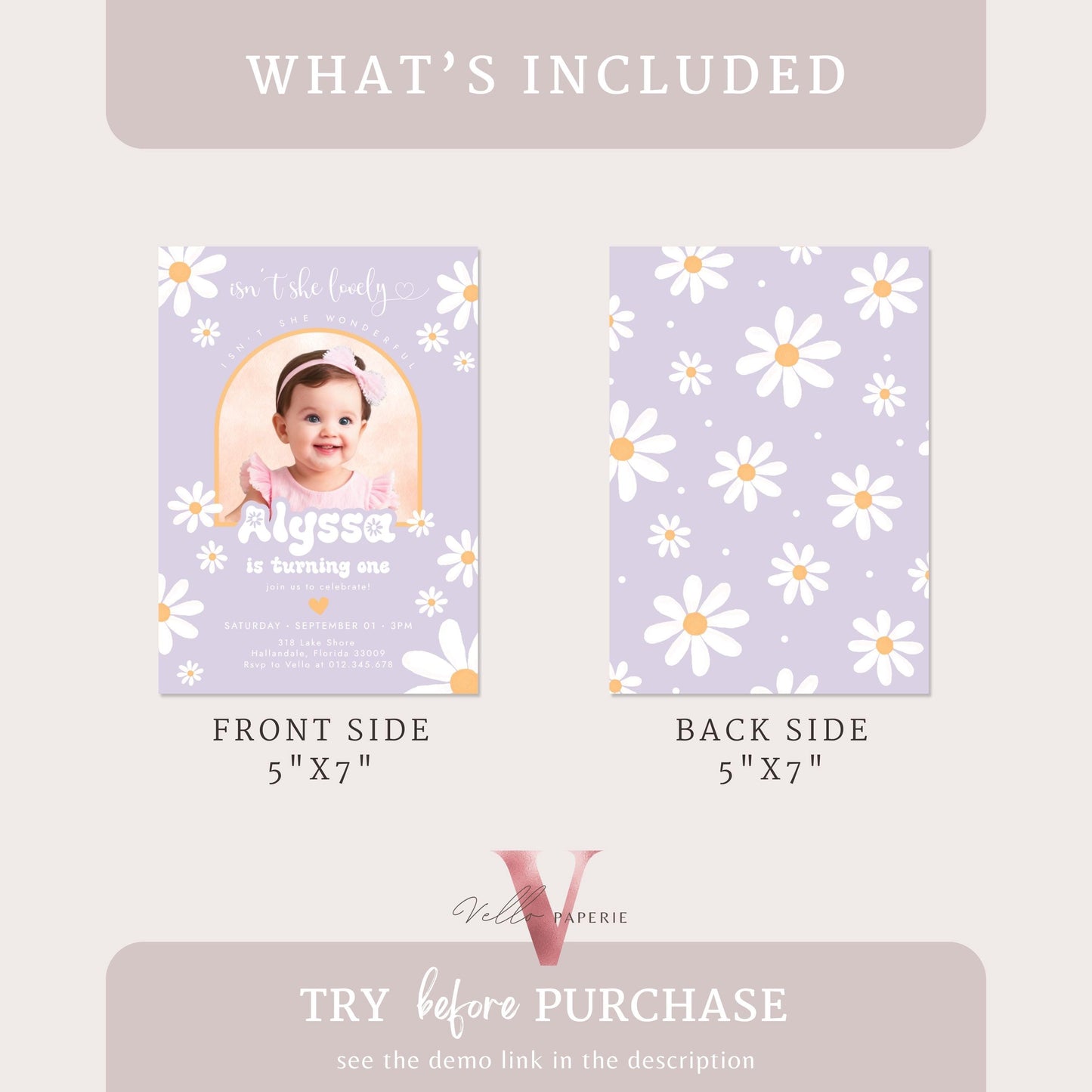 Any Age Photo Daisy Birthday Invitation | Wild Daisy Floral Birthday Invite | Bohemian Daisy Birthday | Purple Isn't She Lovelyy Wonderful