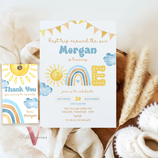 Blue Yellow First Trip Around The Sun Birthday Invitation | Editable 1st Sunshine Invite | Editable Boho Sun Rainbow Boy Girl Instant