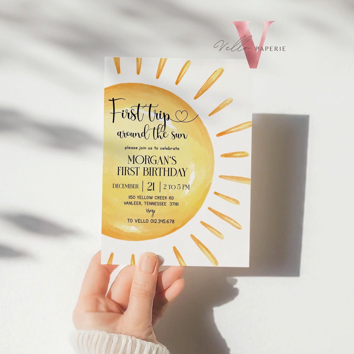 Yellow First Trip Around The Sun Birthday Invitation | Editable 1st Sunshine Invite | Editable Boho Sun Rainbow Boy Girl Instant Template