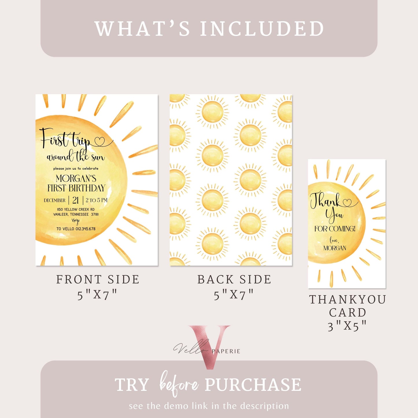 Yellow First Trip Around The Sun Birthday Invitation | Editable 1st Sunshine Invite | Editable Boho Sun Rainbow Boy Girl Instant Template