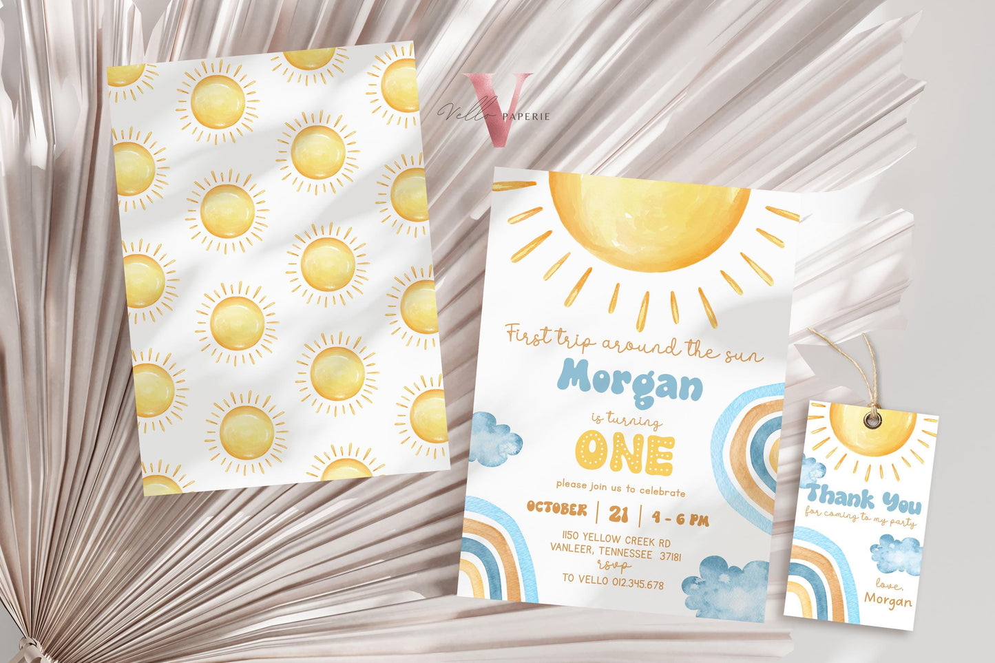 Yellow Blue Any Age Around The Sun Birthday Invitation | Editable Sunshine Invite | Editable Boho Sun Rainbow Boy Girl Instant Template