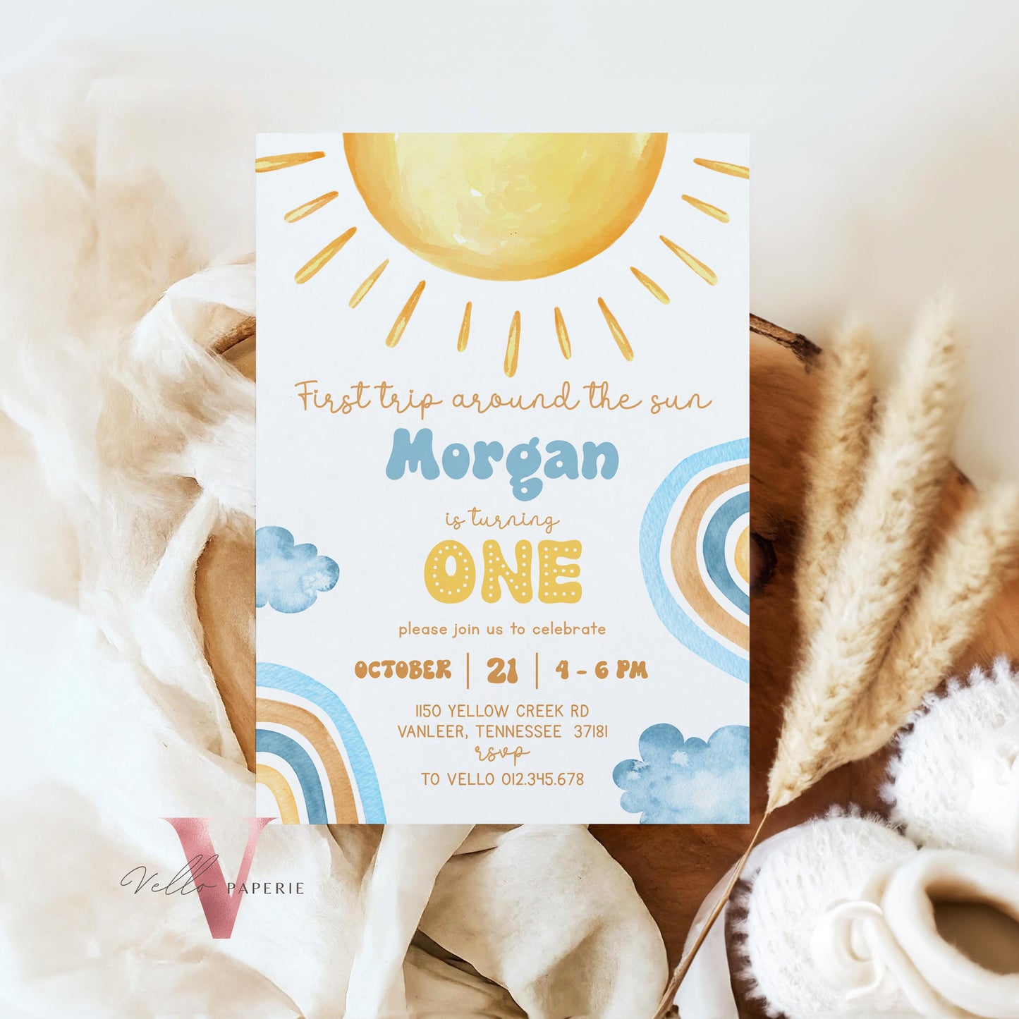 Yellow Blue Any Age Around The Sun Birthday Invitation | Editable Sunshine Invite | Editable Boho Sun Rainbow Boy Girl Instant Template