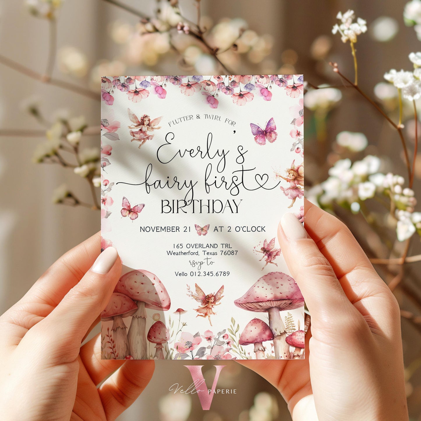 Editable Fairy First Birthday Invitation | Printable Garden Fairy Magical Butterfly | Whymsical Girl 1st Party Invite | Instant Template