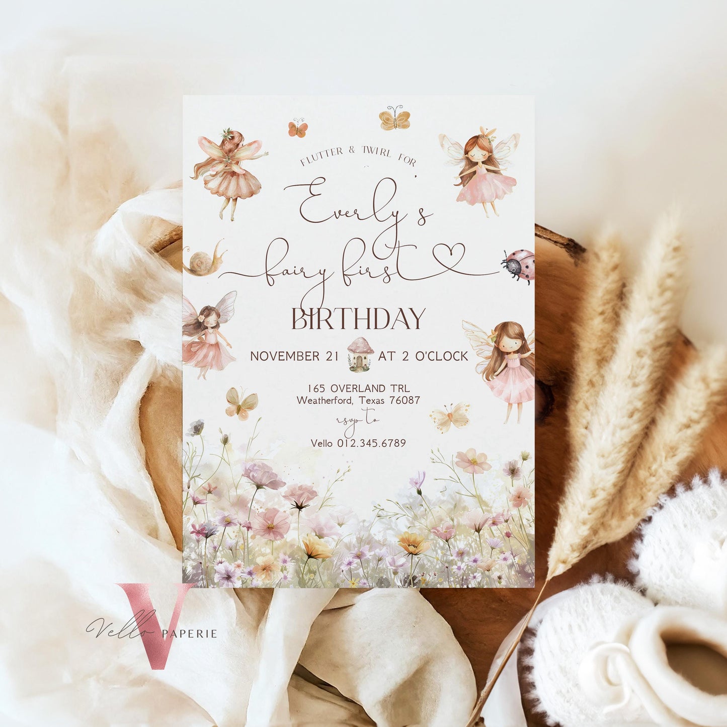 Editable Fairy First Birthday Invitation | Printable Garden Fairy Magical Butterfly | Whymsical Girl 1st Party Invite | Instant Template