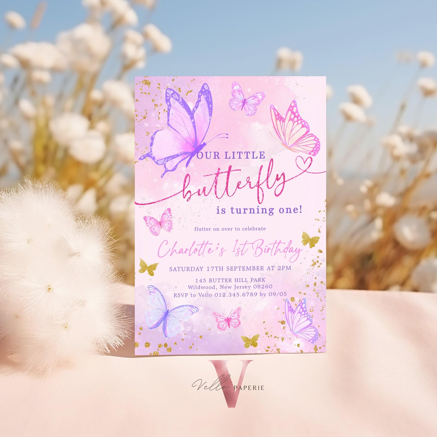 Pink Purple Glitter Watercolor Butterfly Birthday Party Invitation | A little Butterfly ANY AGE Party Invite | Pink Gold Sparkle Butterfly