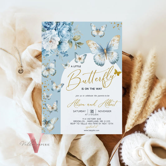 Blue Gold Glitter Watercolor Butterfly Baby Shower Party Invitation | A little butterfly Baby Party Invite | Blue Sparkle Butterfly Card