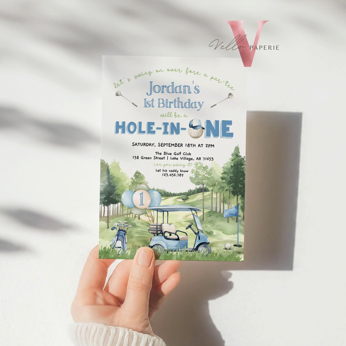 Editable Any AGE Hole In One Birthday Invitation | Golf Any Age Birthday Par-tee Invite | Boy Golfing Masters Party Blue Green | Lets Partee