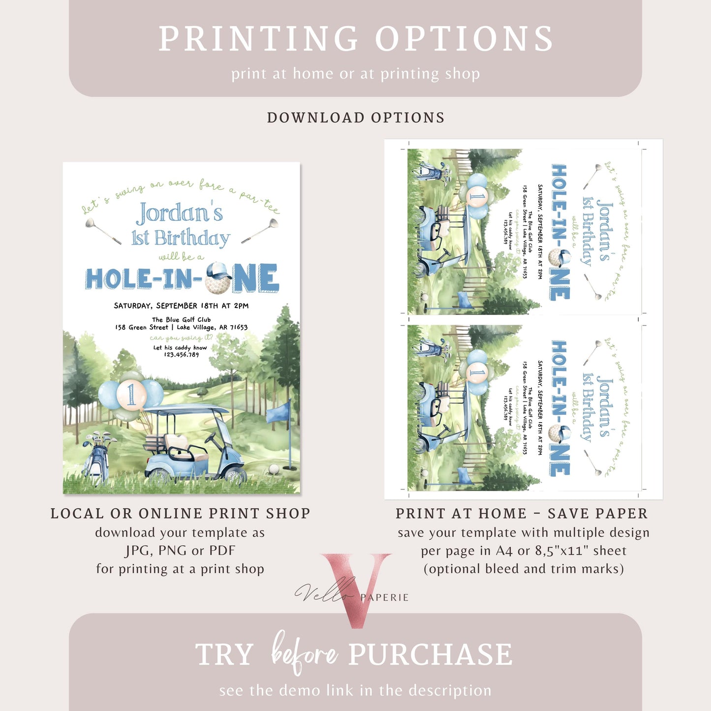 Editable Any AGE Hole In One Birthday Invitation | Golf Any Age Birthday Par-tee Invite | Boy Golfing Masters Party Blue Green | Lets Partee