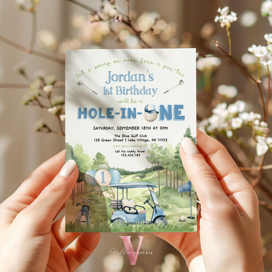 Editable Any AGE Hole In One Birthday Invitation | Golf Any Age Birthday Par-tee Invite | Boy Golfing Masters Party Blue Green | Lets Partee