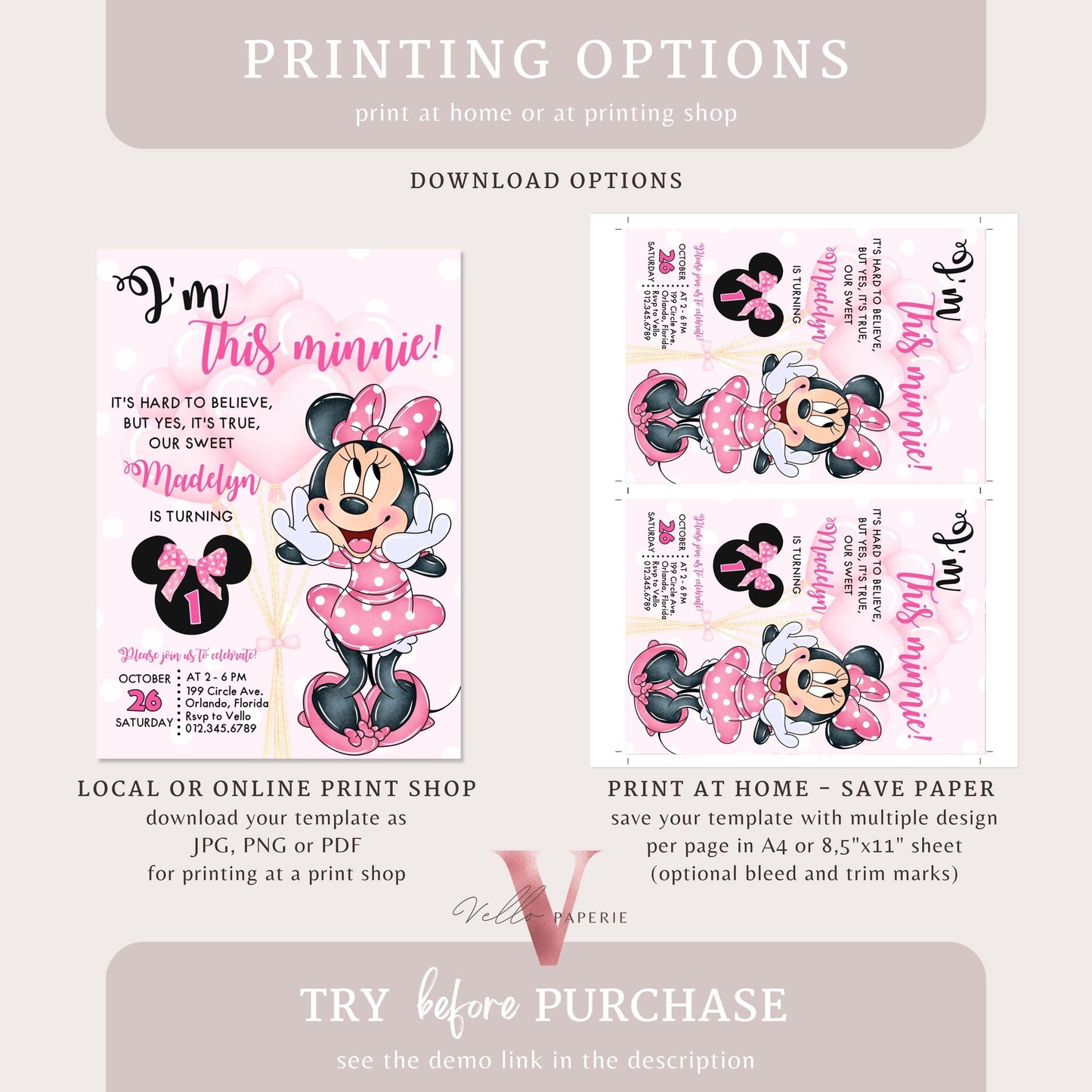 Self Edit Any Age Oh Toodlers Minnie Mouse Birthday Invitation, Light Pink Polka Dot Invite, Girl Birthday Party Instant Template  MMB02