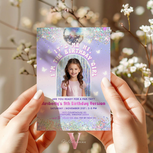 Swifti Par-Tay Birthday Party Invitation Photo | Purple Silver Sparkle Taylor Eras Music Party Invite | It's Me Hi In My Birthday Era TSP01