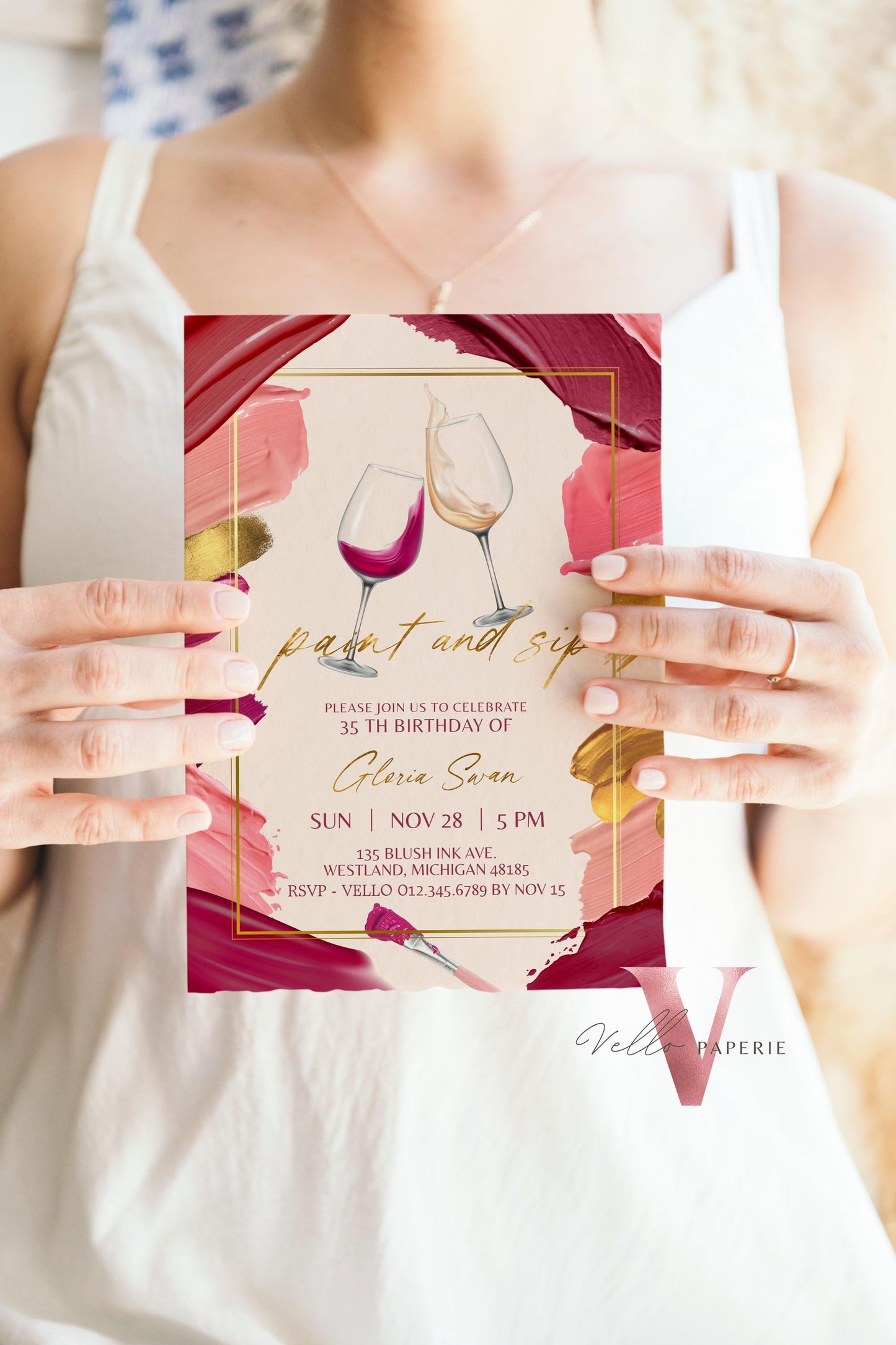 Burgundy Gold Paint and Sip Birthday Invitation | Editable Any Age 30th 40th 50th Oil Painting & Sip Party Invite | Creative Activity Party