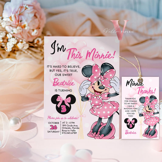 Free Thankyou Tag Any Age Oh Toodlers Minnie Mouse Birthday Invitation, Light Pink Polka Dot Invite, Small Girl Birthday Party Instant MMB02