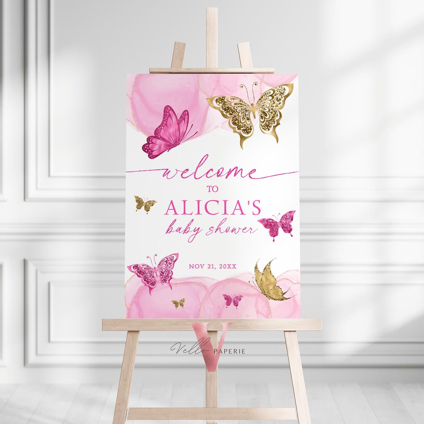 Pink Gold Watercolor Butterfly Baby Shower Welcome Sign | Baby Butterfly Welcome Party Sign | Pink Gold Butterfly Party Decor