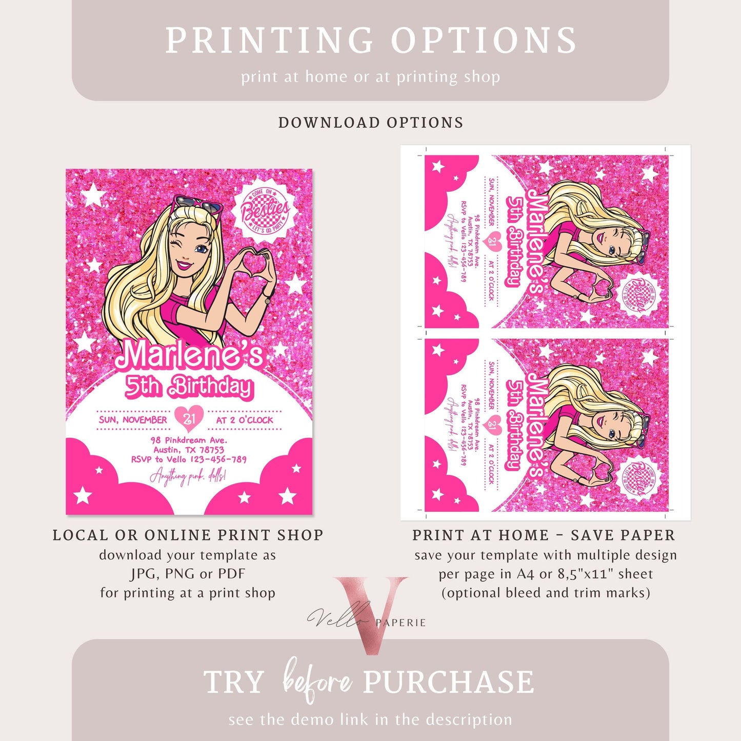 Editable Fashion Pink Doll Sparkle Cartoon Birthday Invitation | Pink Doll Glitter | Cute Pink Barbi Princess Party Invite Instant HPD02