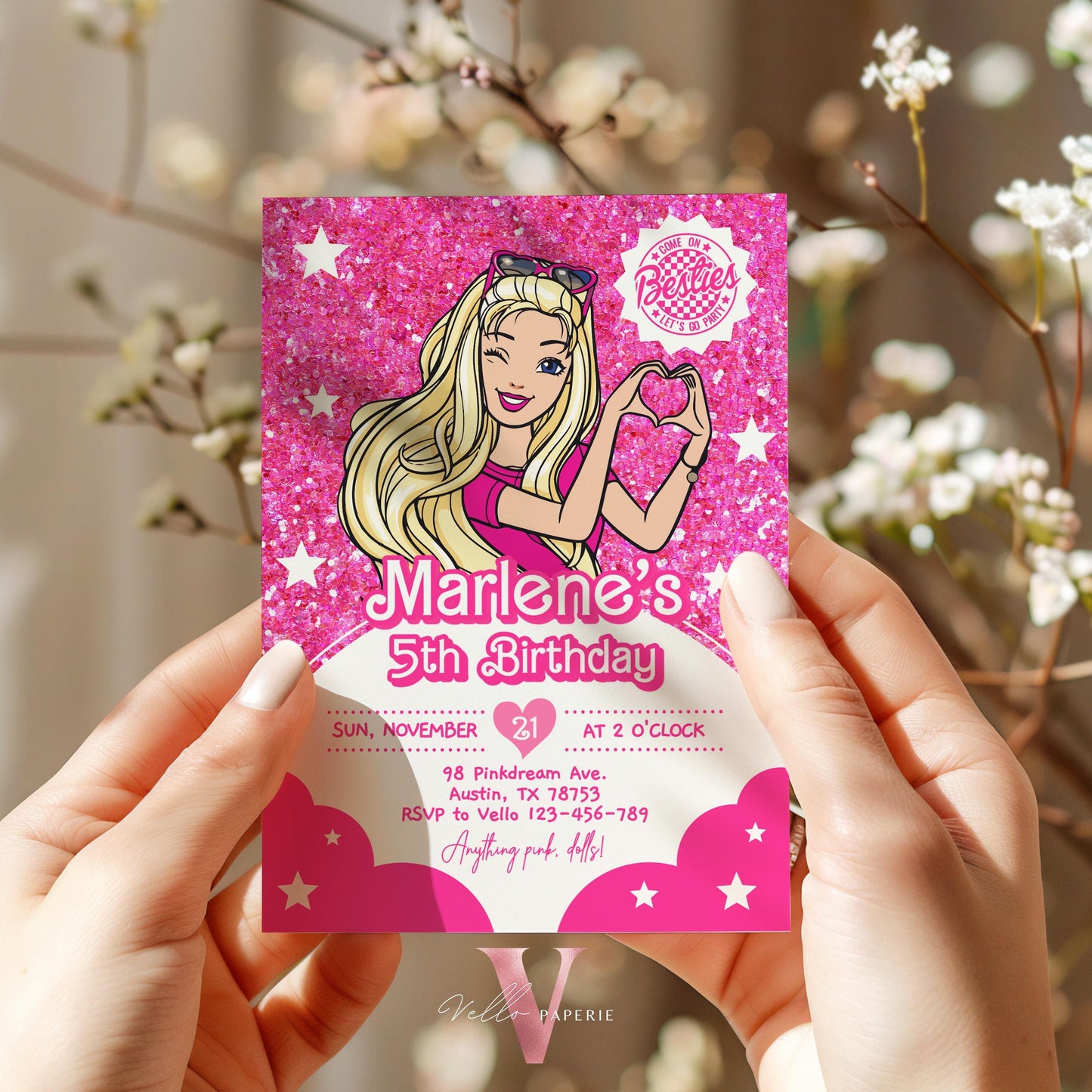 Editable Fashion Pink Doll Sparkle Cartoon Birthday Invitation | Pink Doll Glitter | Cute Pink Barbi Princess Party Invite Instant HPD02