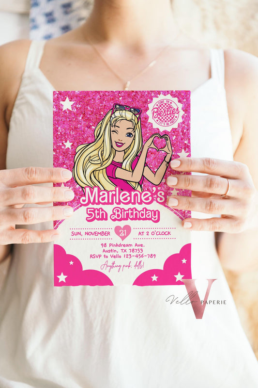 Editable Fashion Pink Doll Sparkle Cartoon Birthday Invitation | Pink Doll Glitter | Cute Pink Barbi Princess Party Invite Instant  HPD02