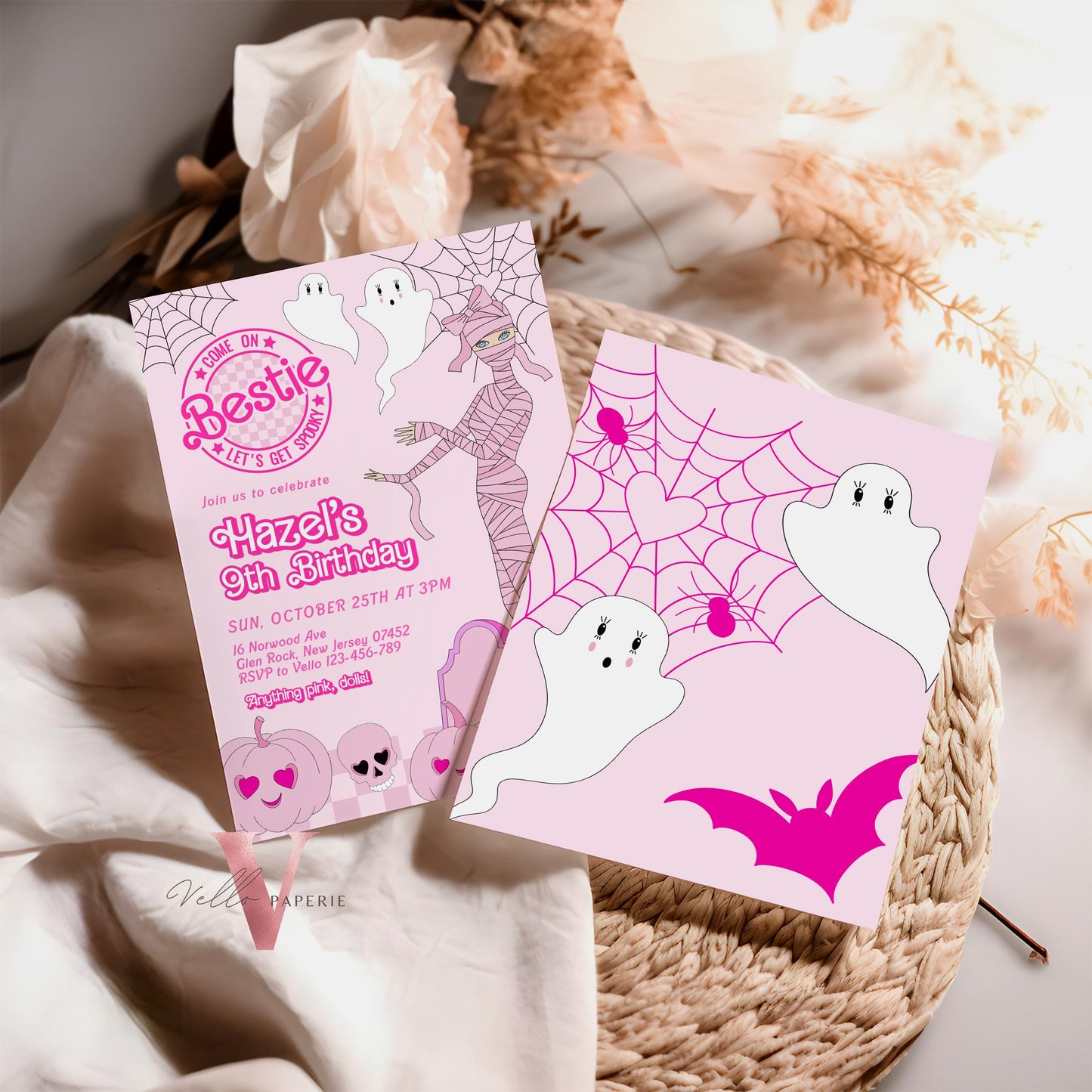 Editable "Bestie" Spooky Pink Doll Halloween Birthday Invitation | Cute Pink Ghost Maliboo Spooktacular Invite | Pink Dolloween Party PH01