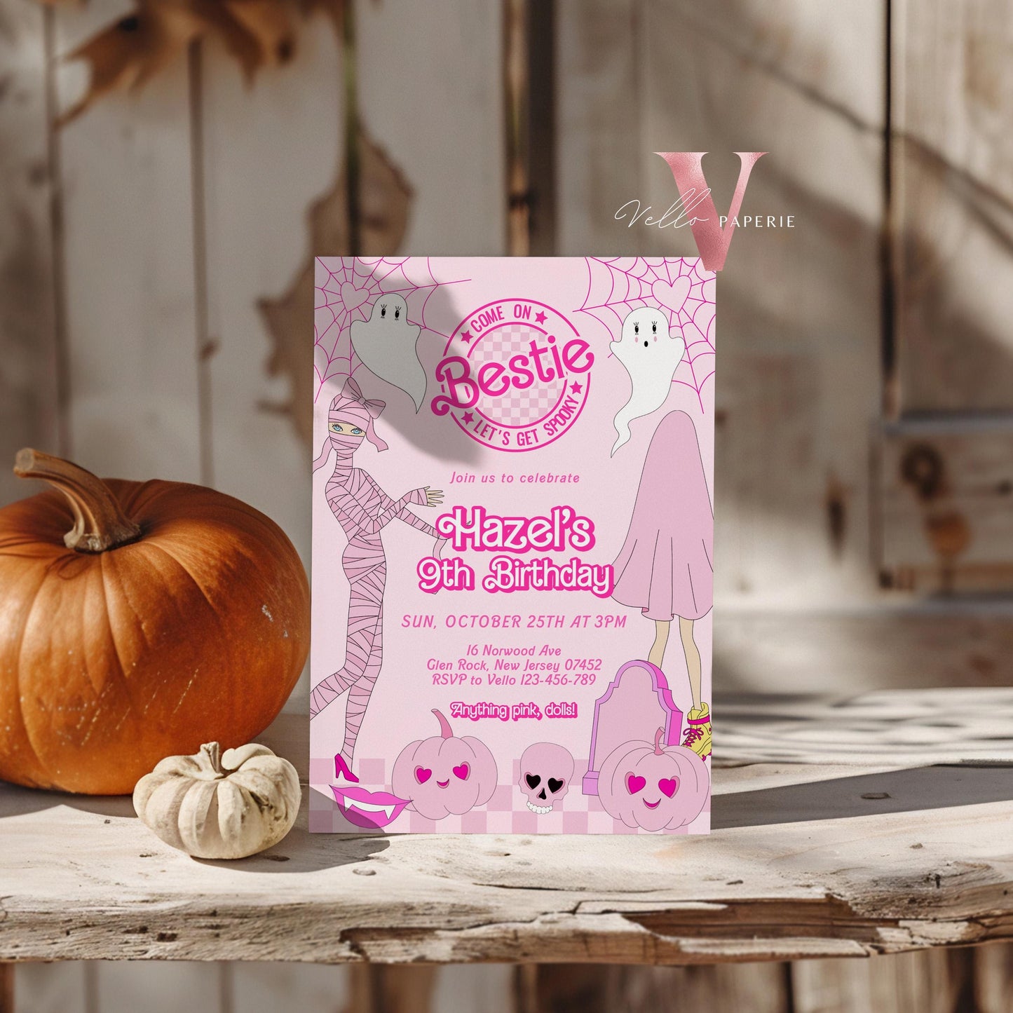 Editable "Bestie" Spooky Pink Doll Halloween Birthday Invitation | Cute Pink Ghost Maliboo Spooktacular Invite | Pink Dolloween Party PH01