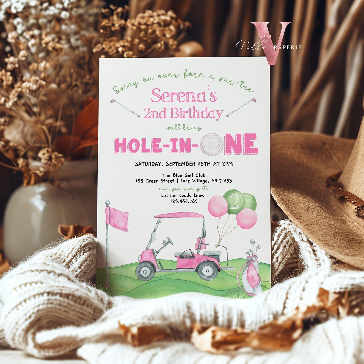 Editable Any AGE Hole In One Birthday Invitation | Golf Any Age Birthday Par-tee Invite | Girl Golfing Master Party Pink Green | Lets Partee