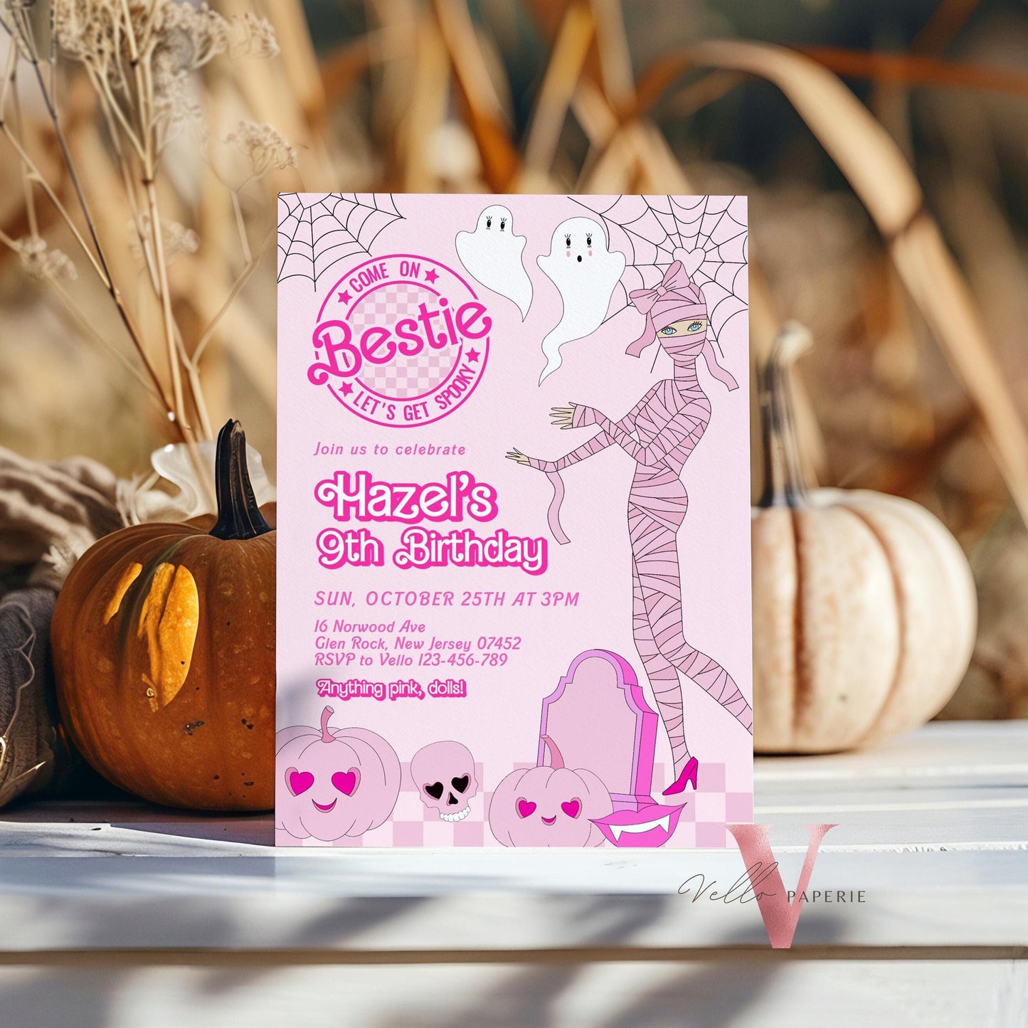 Editable "Bestie" Spooky Pink Doll Halloween Birthday Invitation | Cute Pink Ghost Maliboo Spooktacular Invite | Pink Dolloween Party PH01