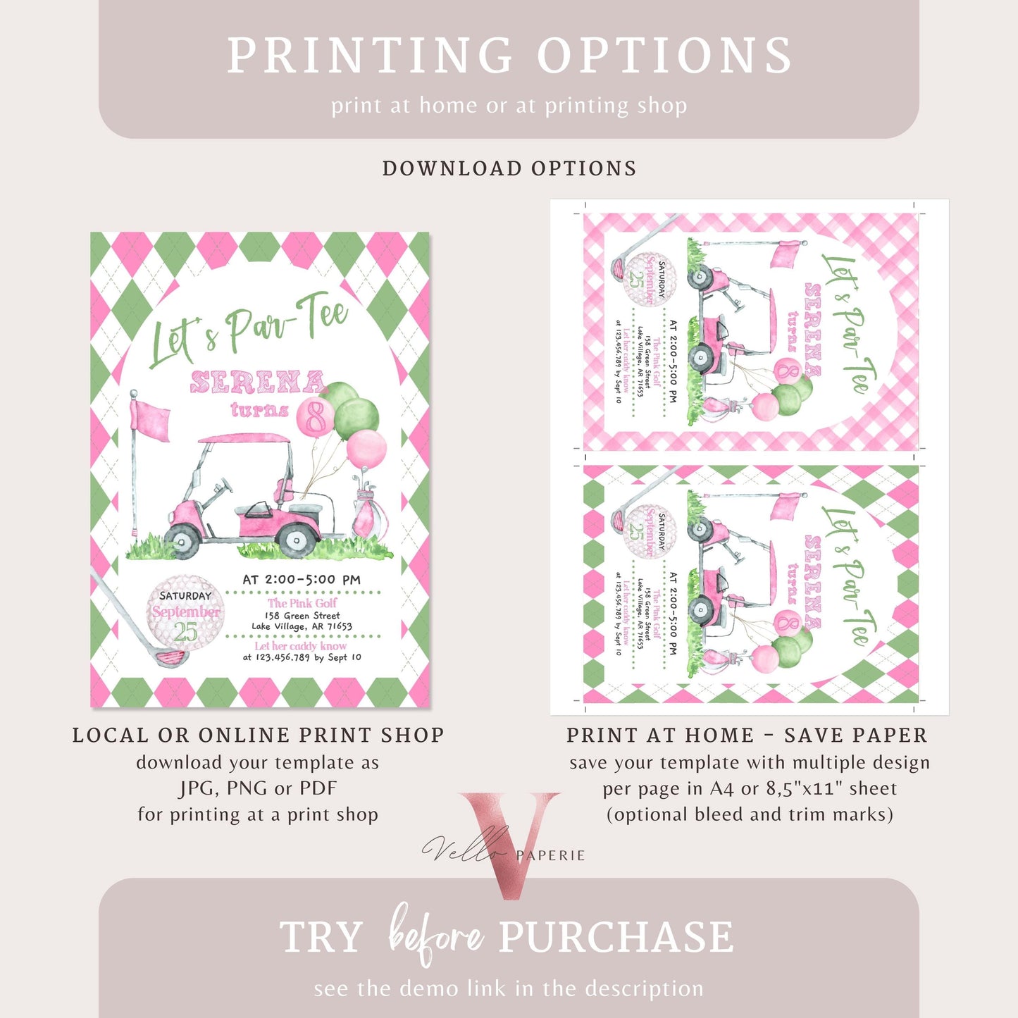 2 OPTION DESIGN Lets Par-tee Any AGE | Editable Hole In One Birthday Invitation | Golf Any Age Birthday Par-tee Invite | Golfing Master Pink