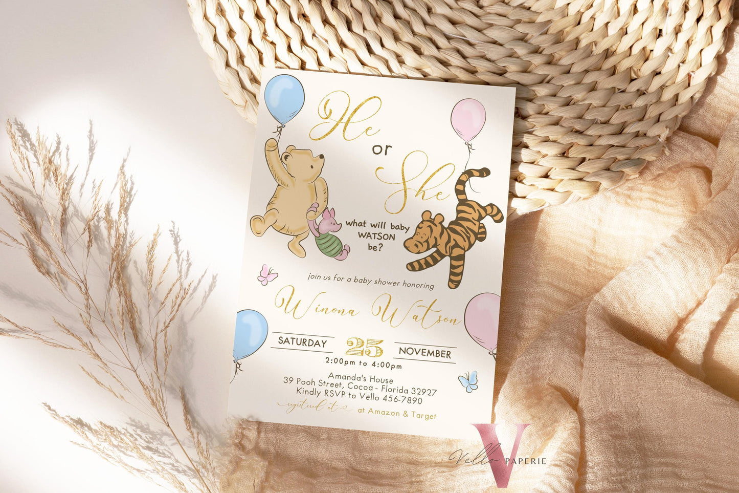 Winnie the Pooh Baby Shower Invitation | Editable Printable Beige Gold Pooh Baby Shower Party Invite | Honey Bee Gender Reveal Party Invite