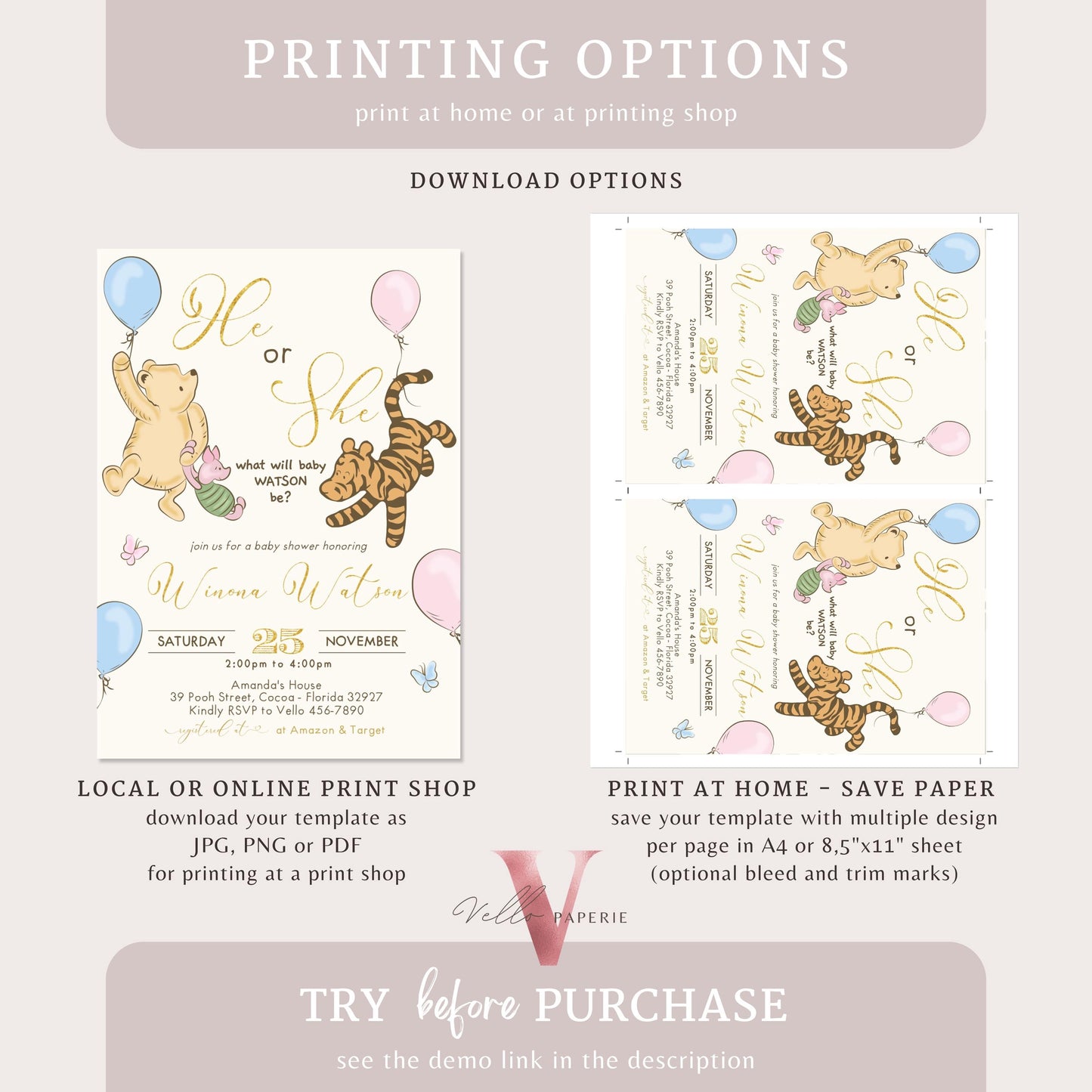 Winnie the Pooh Baby Shower Invitation | Editable Printable Beige Gold Pooh Baby Shower Party Invite | Honey Bee Gender Reveal Party Invite