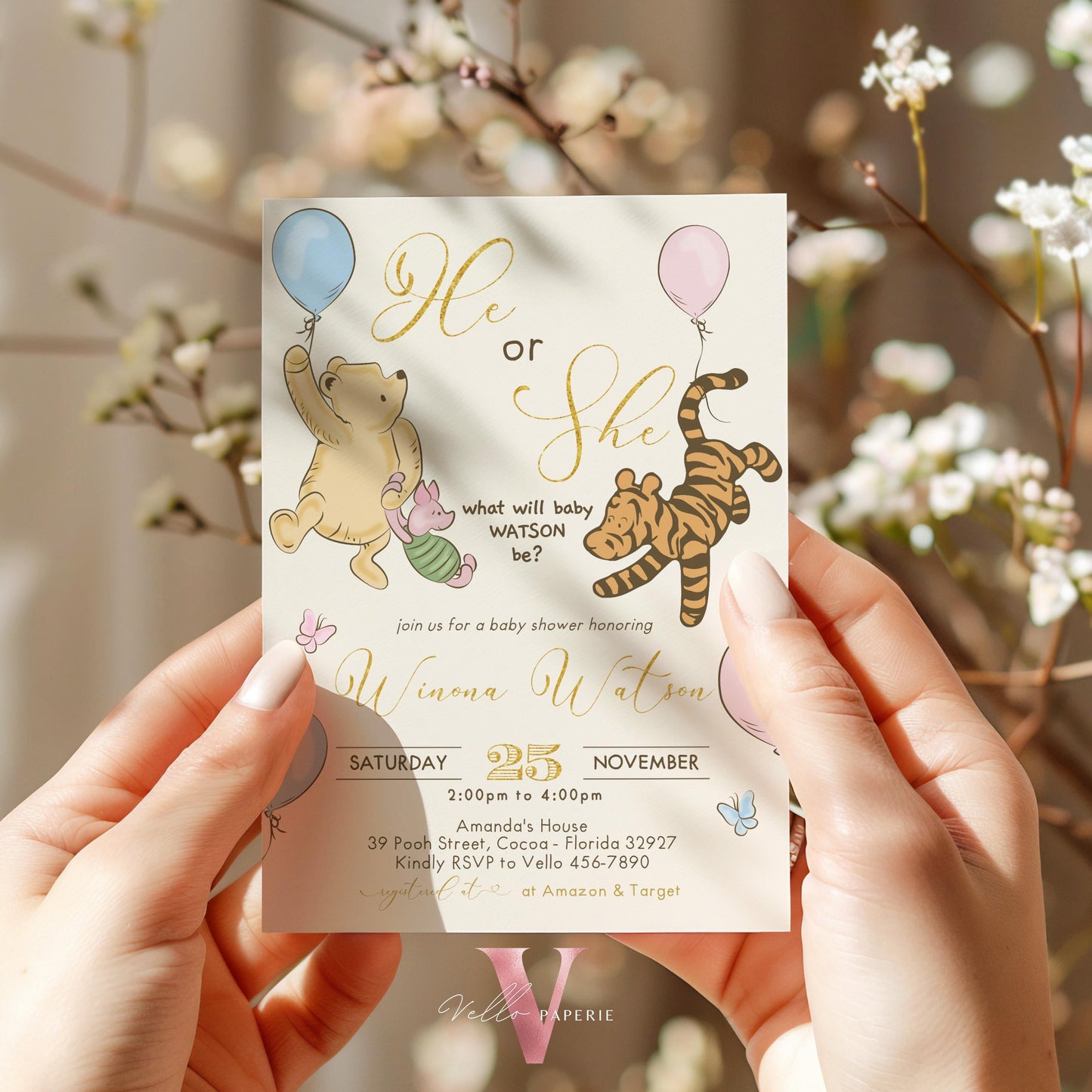 Winnie the Pooh Baby Shower Invitation | Editable Printable Beige Gold Pooh Baby Shower Party Invite | Honey Bee Gender Reveal Party Invite