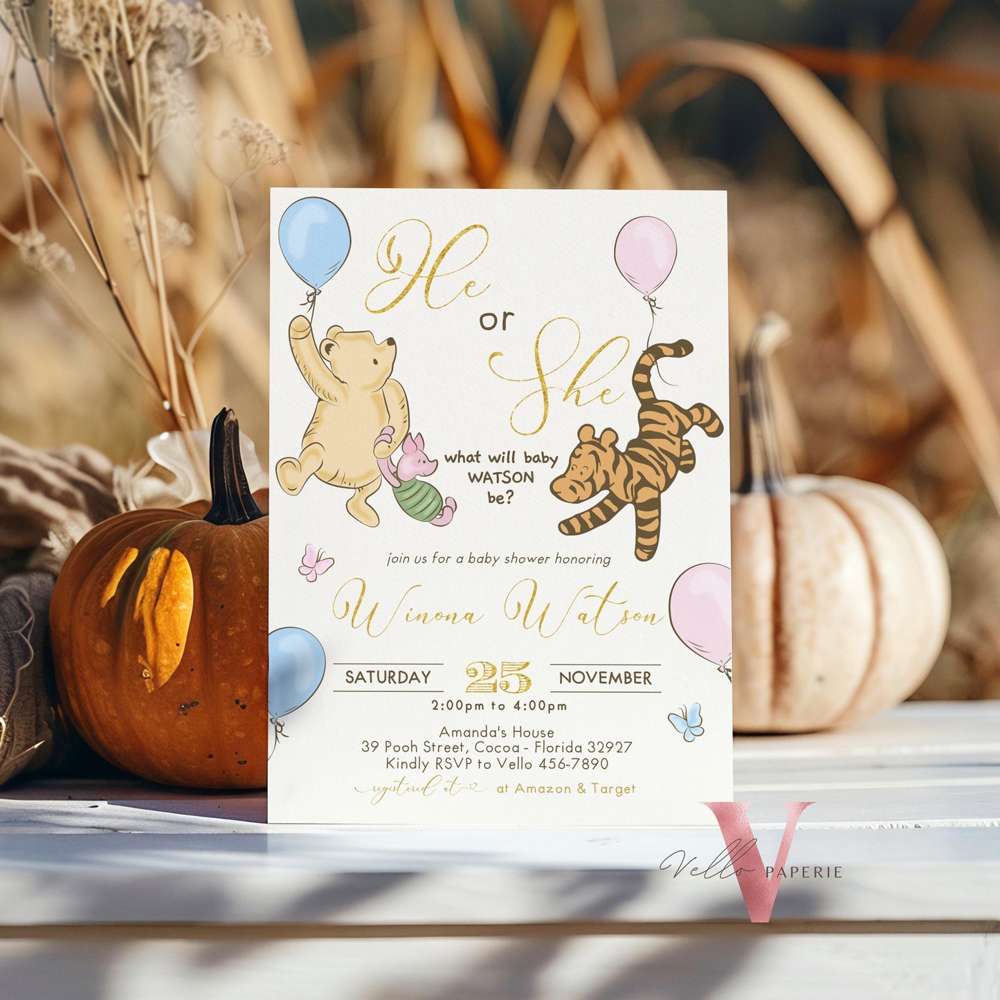 Winnie the Pooh Baby Shower Invitation | Editable Printable Beige Gold Pooh Baby Shower Party Invite | Honey Bee Gender Reveal Party Invite