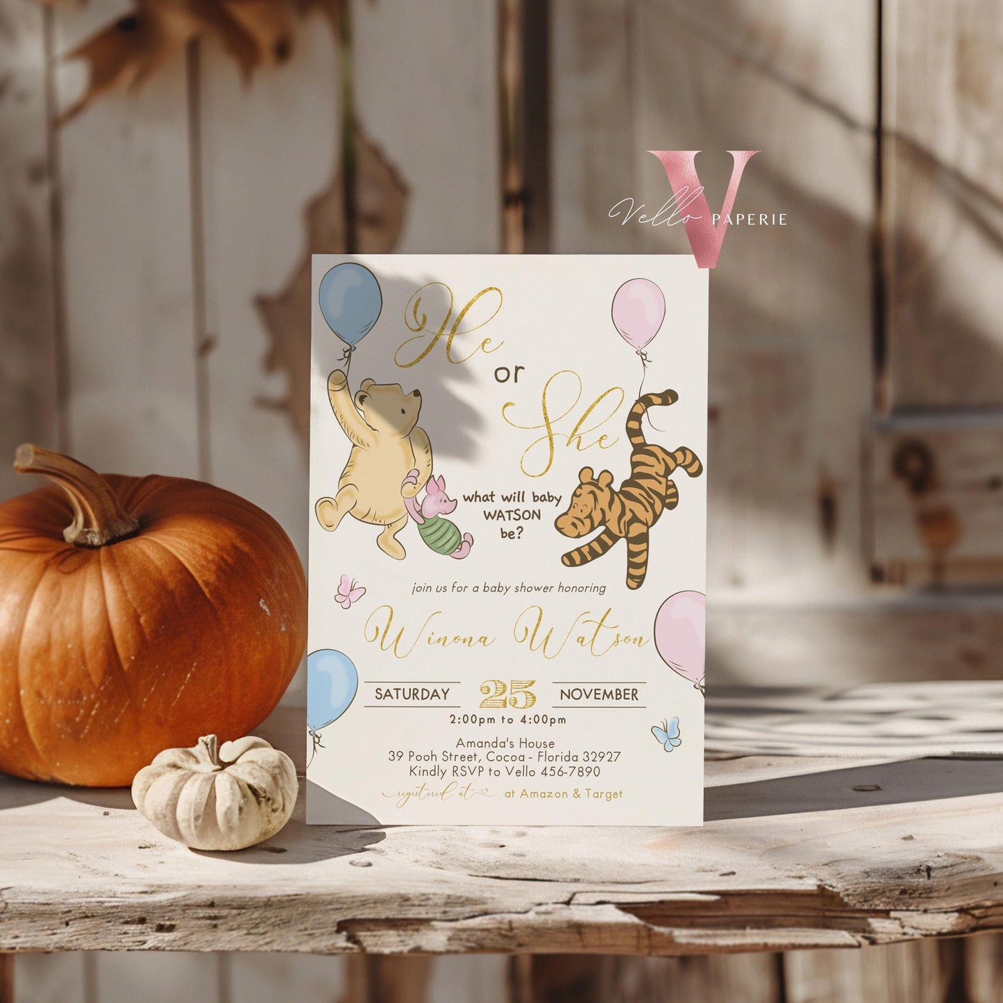 Winnie the Pooh Baby Shower Invitation | Editable Printable Beige Gold Pooh Baby Shower Party Invite | Honey Bee Gender Reveal Party Invite