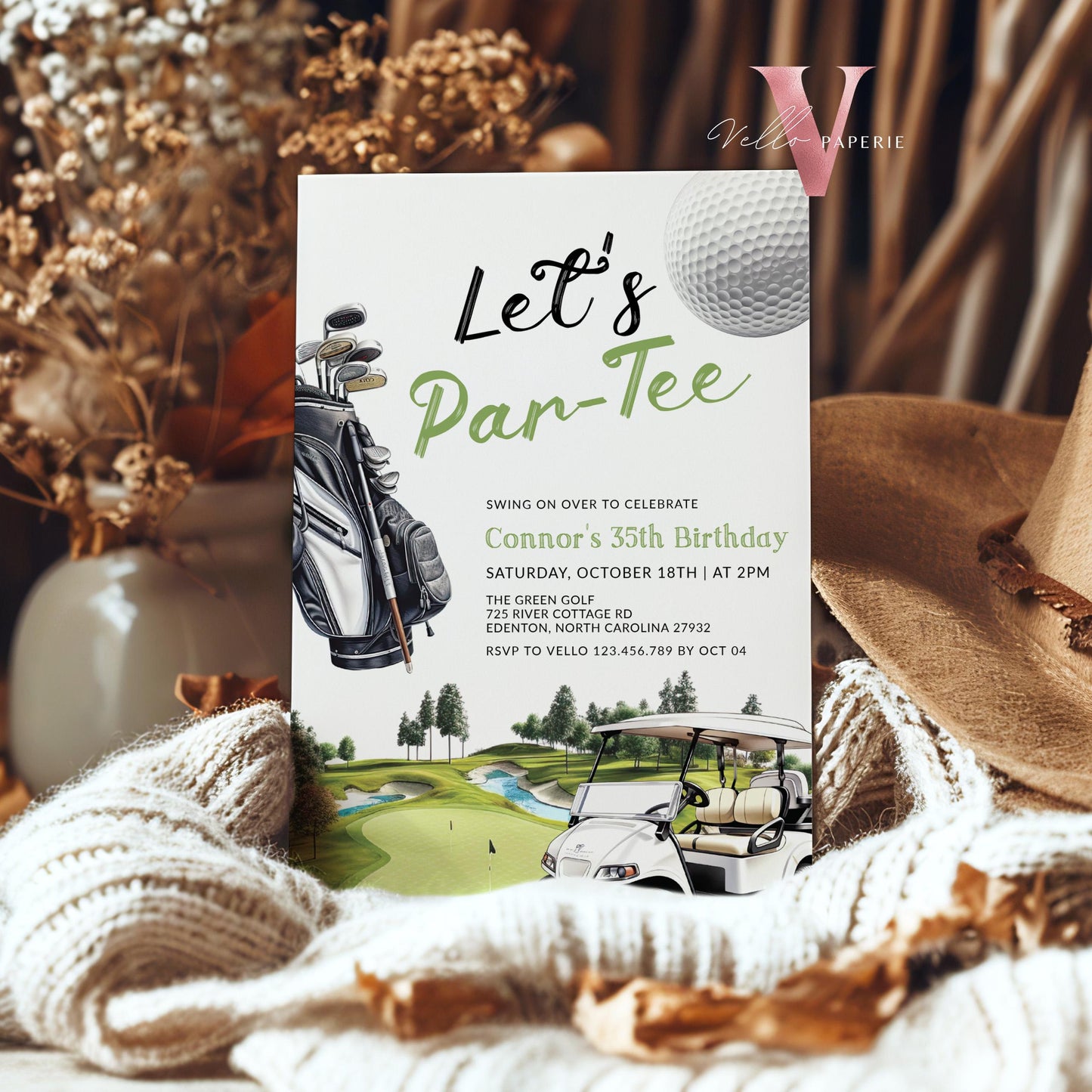 Editable Let's Par-tee Birthday Invitation | 2 OPT DESIGN Golf Any Age Birthday Par-tee Invite | Modern Golf Master Party Green Hole In One