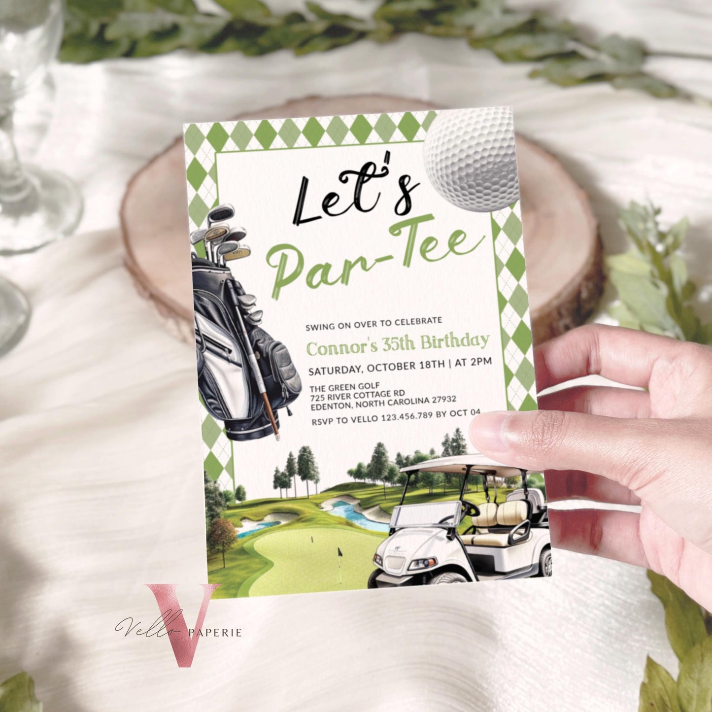 Editable Let's Par-tee Birthday Invitation | 2 OPT DESIGN Golf Any Age Birthday Par-tee Invite | Modern Golf Master Party Green Hole In One