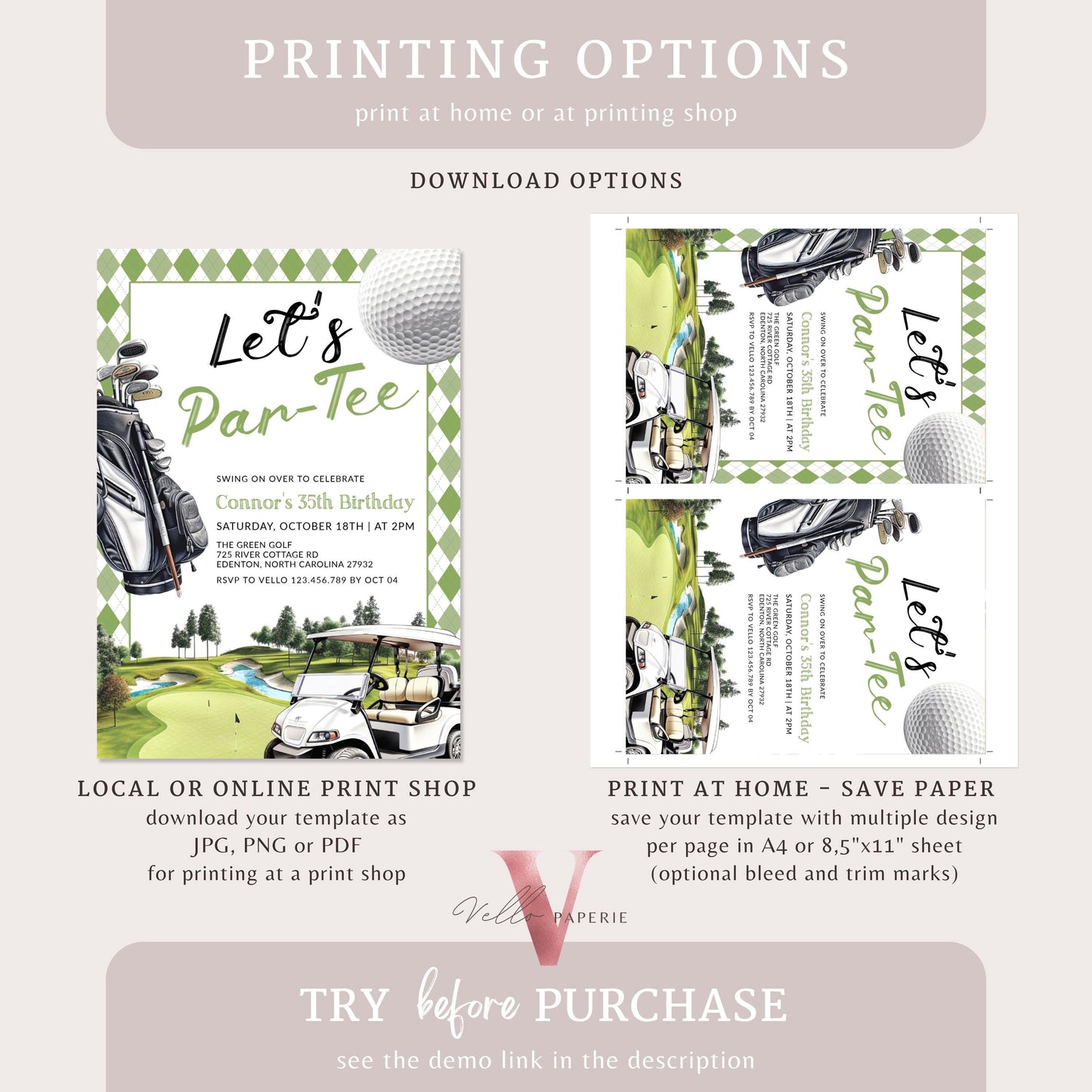 Editable Let's Par-tee Birthday Invitation | 2 OPT DESIGN Golf Any Age Birthday Par-tee Invite | Modern Golf Master Party Green Hole In One