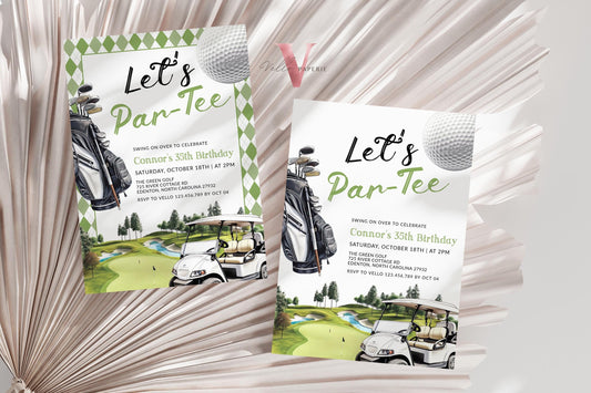 Editable Let's Par-tee Birthday Invitation | 2 OPT DESIGN Golf Any Age Birthday Par-tee Invite | Modern Golf Master Party Green Hole In One