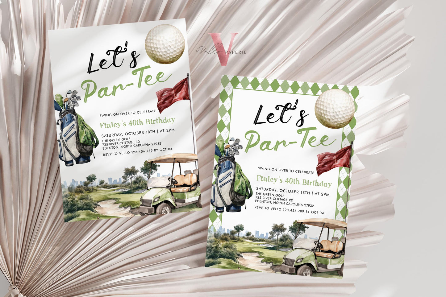 Editable Let's Par-tee Birthday Invitation | 2 OPT DESIGN Golf Any Age Birthday Par-tee Invite | Modern Golf Master Party Green Hole In One