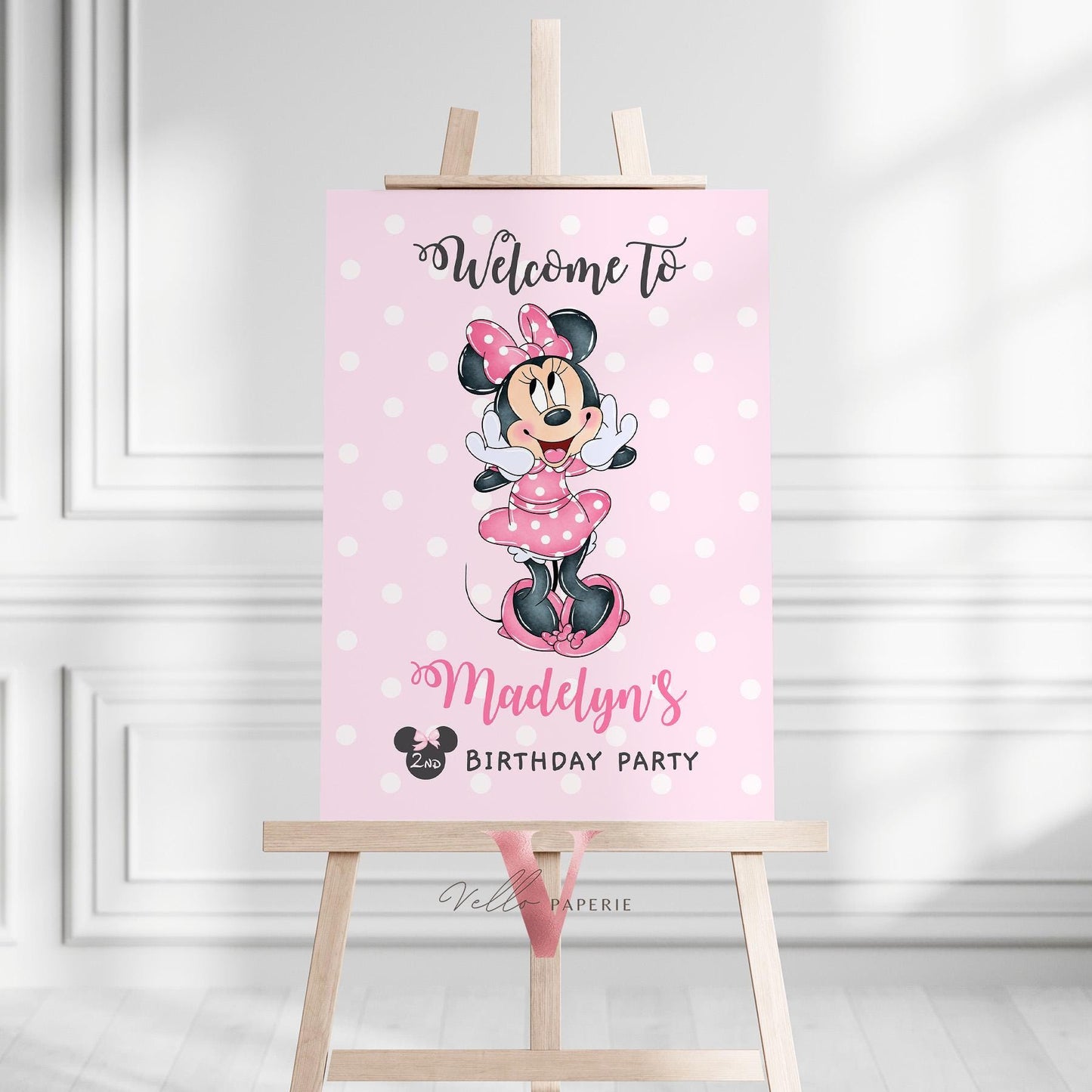 Editable Any Age Minnie Mouse Birthday Welcome Sign | Light Pink Polkadot Minnie Party Decor Sign | Kid Minnie Pink Birthday Sign  MMB01