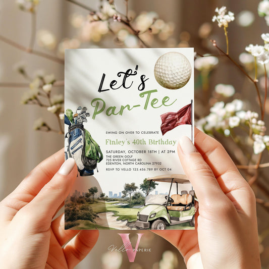 Editable Let's Par-tee Birthday Invitation | 2 OPT DESIGN Golf Any Age Birthday Par-tee Invite | Modern Golf Master Party Green Hole In One