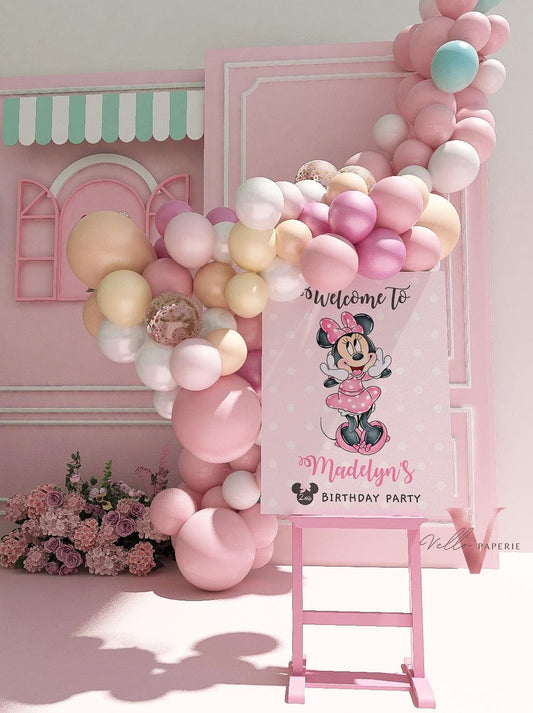 Editable Any Age Minnie Mouse Birthday Welcome Sign | Light Pink Polkadot Minnie Party Decor Sign | Kid Minnie Pink Birthday Sign  MMB01