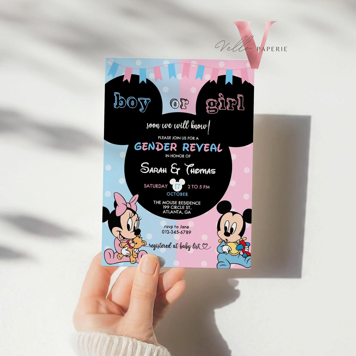 Minnie Mickey Mouse Baby Shower Invitation | Editable Printable Blue Pink Baby Shower Party Invite | Boy or Girl Gender Reveal Party MBS02